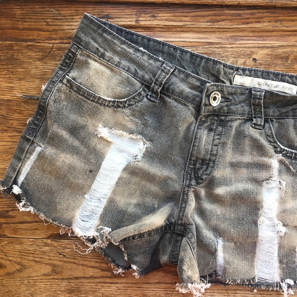 DKNY—Gunsmoke Gray Distressed Bleached Jean Shorts - Picture 2 of 6